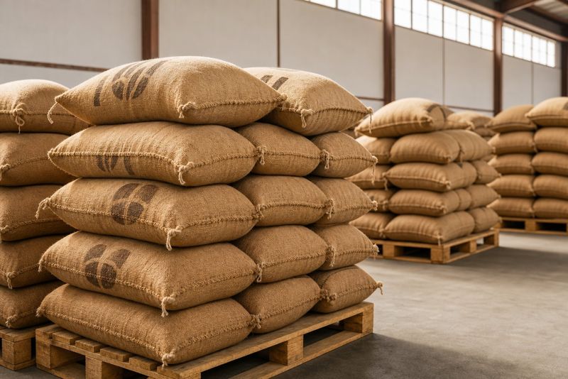 New jute bags stacked on pallets in the export warehouse