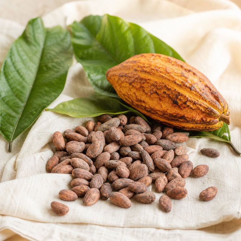 Light crop dried cocoa beans on cream linen beside a ripe cocoa pod and leaves