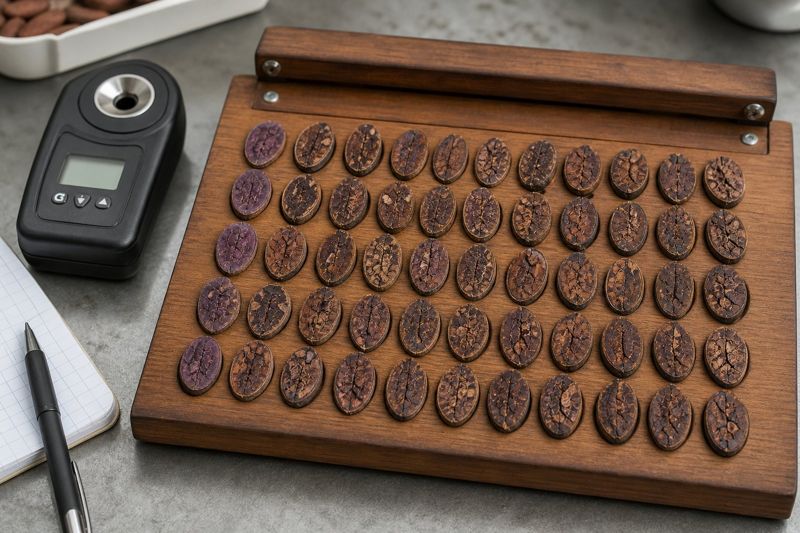 Cocoa bean cut test on a wooden board